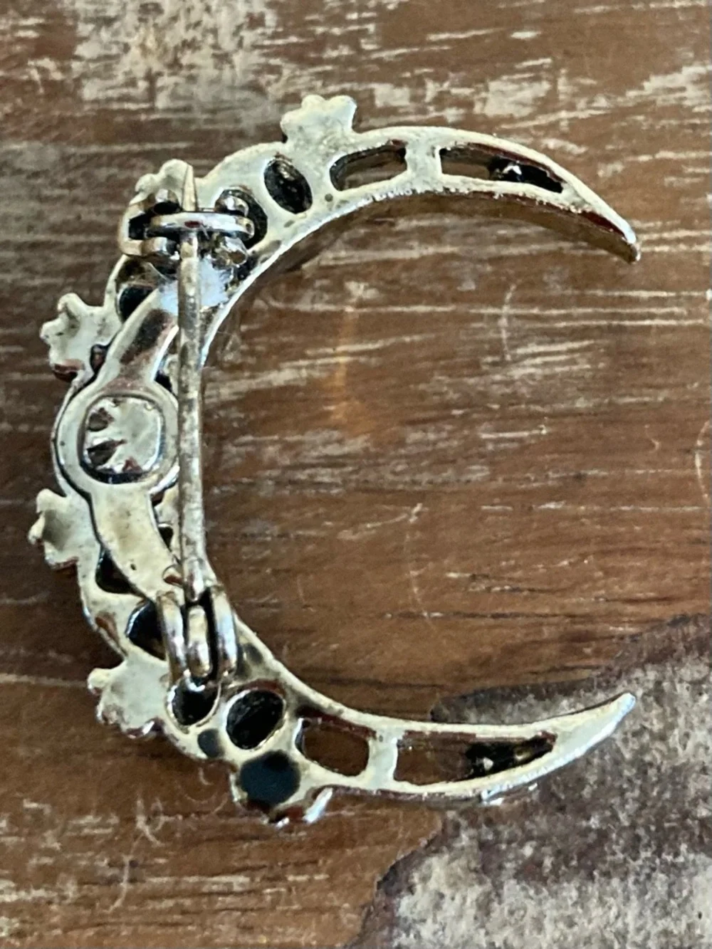 Gold Tone and Green Enamel Crescent Brooch